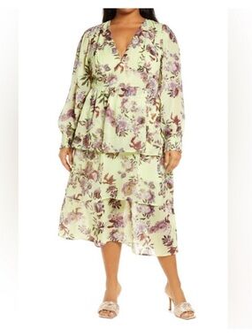 New 14th Place Dress Floral Tiered Long Sleeve V Neck Plus Size 2X